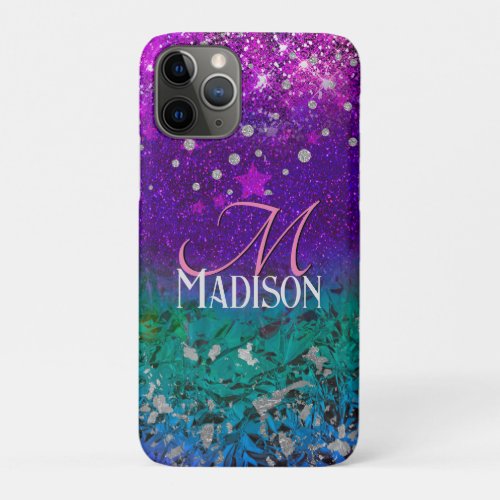 Cute blue purple ombre glitter monogram iPhone 11 pro case