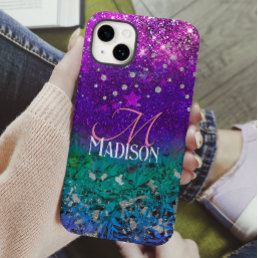 Cute blue purple ombre glitter monogram Case-Mate iPhone 14 case