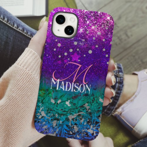 Cute blue purple ombre glitter monogram Case_Mate iPhone 14 case