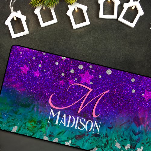 Cute blue purple ombre glitter monogram desk mat