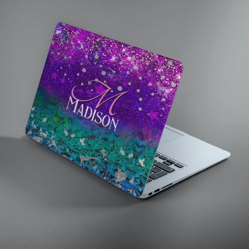 Cute blue purple ombre glitter monogram HP laptop skin