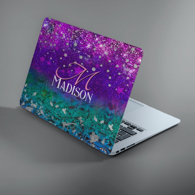 Cute blue purple ombre glitter monogram HP laptop skin (Creator Uploaded)