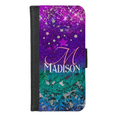 Cute blue purple ombre glitter monogram iPhone 87 wallet case