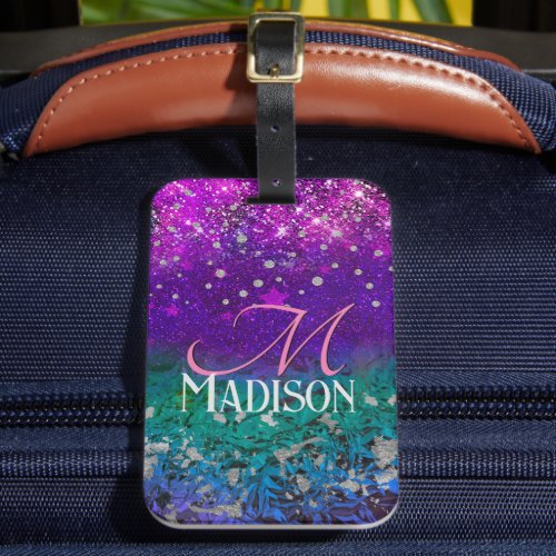 Cute blue purple ombre glitter monogram luggage tag