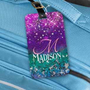 Cute blue purple ombre glitter monogram luggage tag