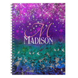 Cute blue purple ombre glitter monogram notebook