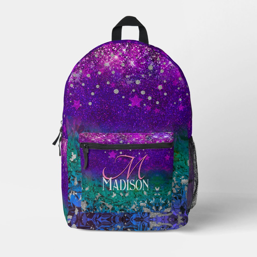 Cute Blue Purple Ombre Glitter Monogram Custom Name Printed Backpack
