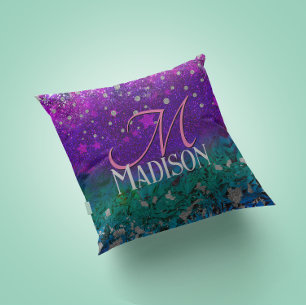 Cute blue purple ombre glitter monogram throw pillow
