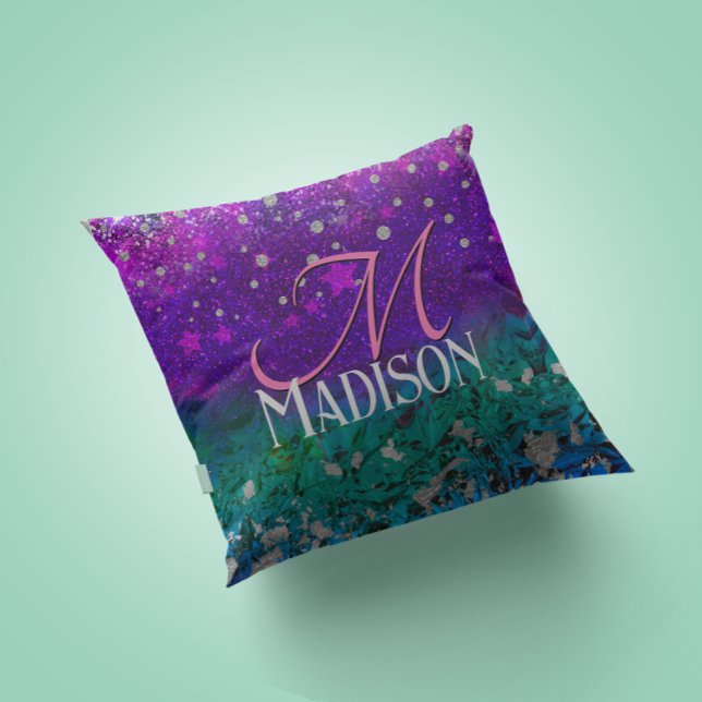 Cute blue purple ombre glitter monogram throw pillow (Creator Uploaded)