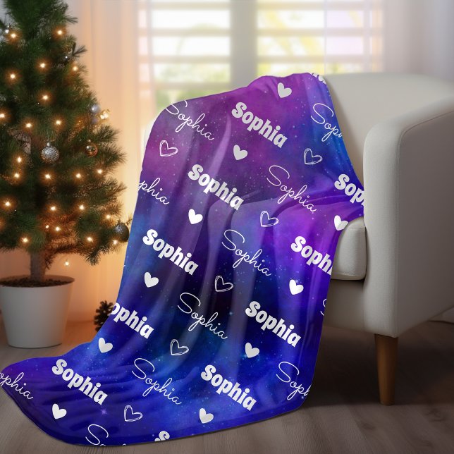 Cute blue purple repeating name personalized fleece blanket (Creator Uploaded)