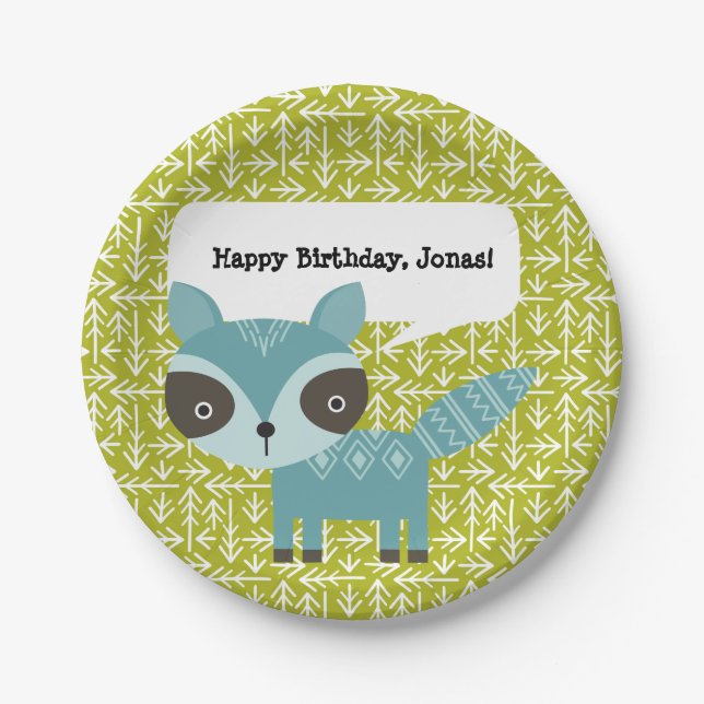 Cute Blue Raccoon Personalized Party Plates (Front)