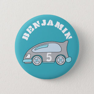 Cute Blue Race Car Birthday Button with Name