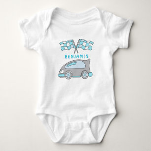 Cute Blue Race Car Flag Name Baby Bodysuit