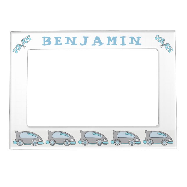 Cute Blue Race Car Flags Cartoon Boy Name Magnetic Frame (Front)