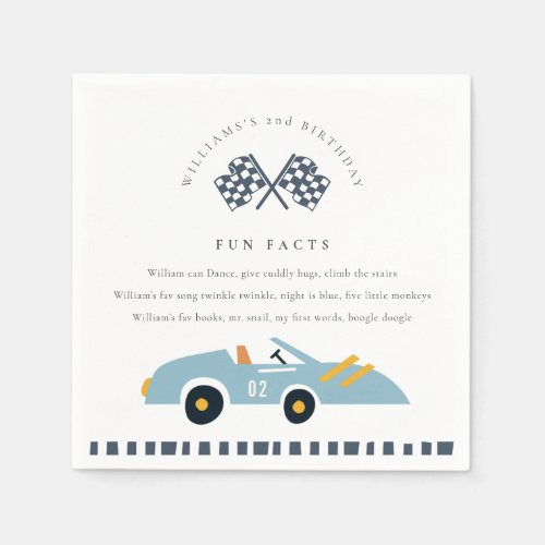 Cute Blue Race Car Kids Any Age Birthday Fun Facts Napkins