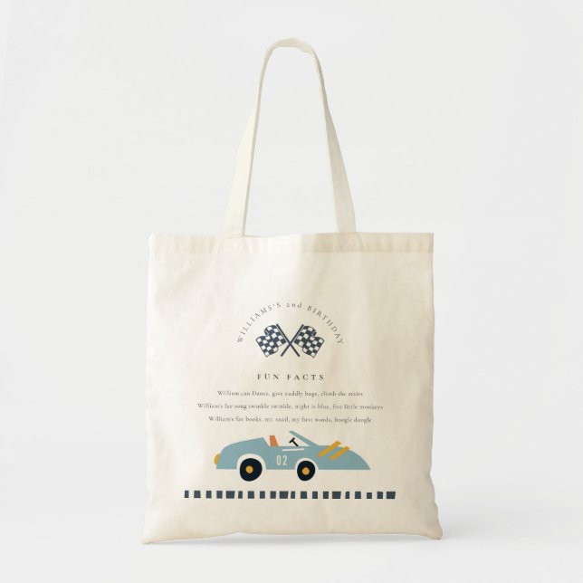 Cute Blue Race Car Kids Any Age Birthday Fun Facts Tote Bag (Front)