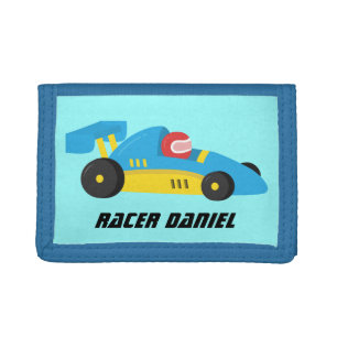 Cute Blue Race Car Racer Personalized Trifold Wallet