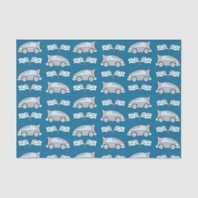 Cute Blue Racing Car and Flag Kids Pattern Tissue Paper (Front)