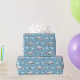 Cute Blue Racing Car and Flag Pattern Boy Wrapping Paper