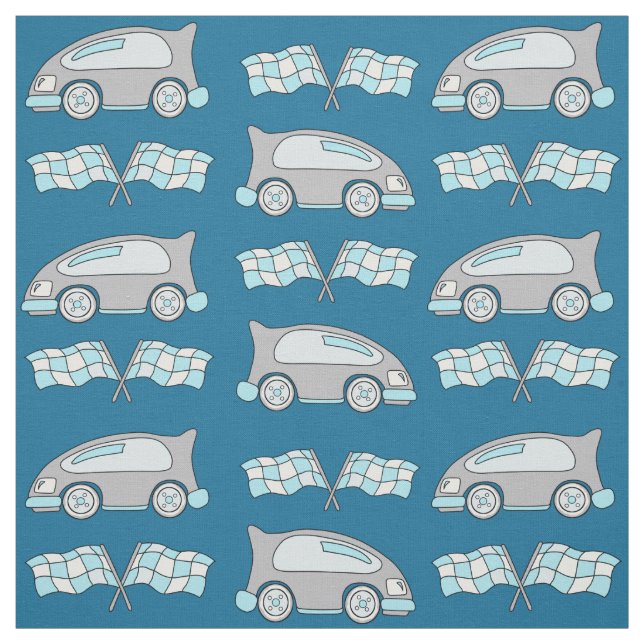 Cute Blue Racing Car Flag Pattern Kids Fabric (Swatch)