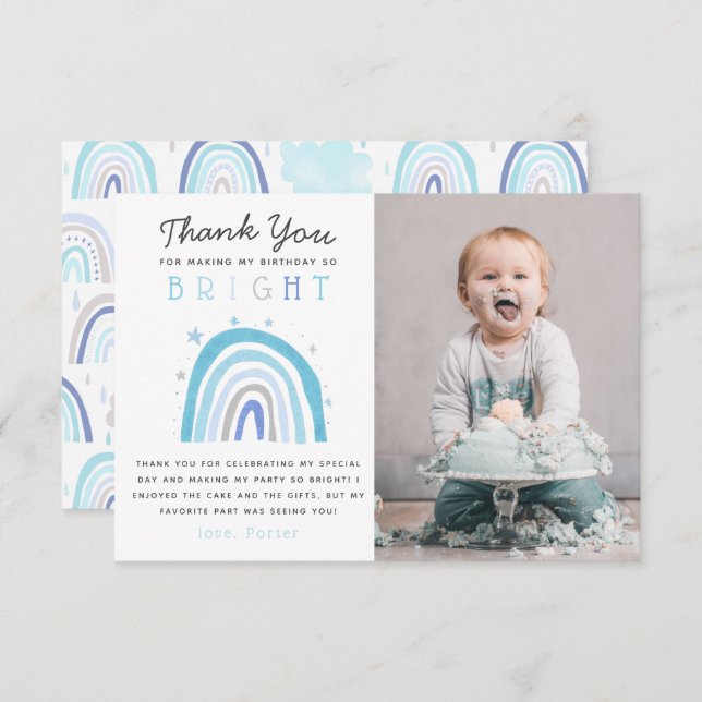 Cute Blue Rainbow Boys Birthday Party Photo  Thank You Card (Front/Back)