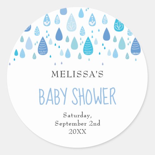Cute Blue Raindrops Baby Shower  Sprinkle Classic Round Sticker
