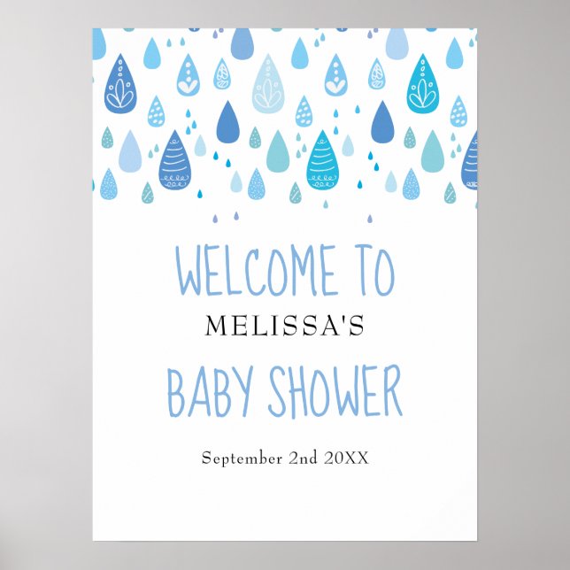 Cute Blue Raindrops Baby Shower / Sprinkle Welcome Poster (Front)