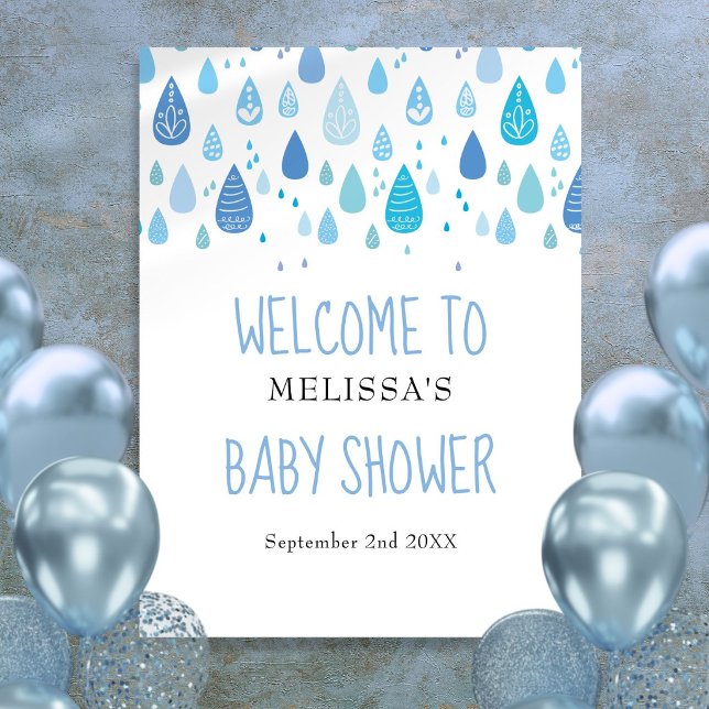 Cute Blue Raindrops Baby Shower Welcome Sign (Cute Blue Raindrops Baby Shower Welcome Sign)