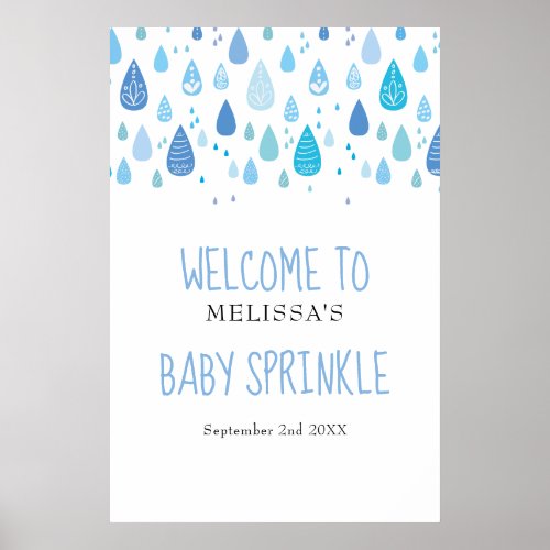 Cute Blue Raindrops Baby Sprinkle  Shower Welcome Poster