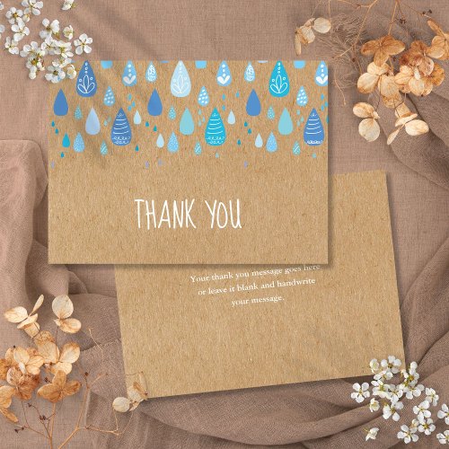 Cute Blue Raindrops Boho Rustic Kraft Stylish Thank You Card