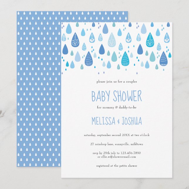 Cute Blue Raindrops Couples Baby Shower Invitation (Front/Back)
