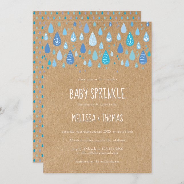 Cute Blue Raindrops Couples Baby Shower / Sprinkle Invitation (Front/Back)