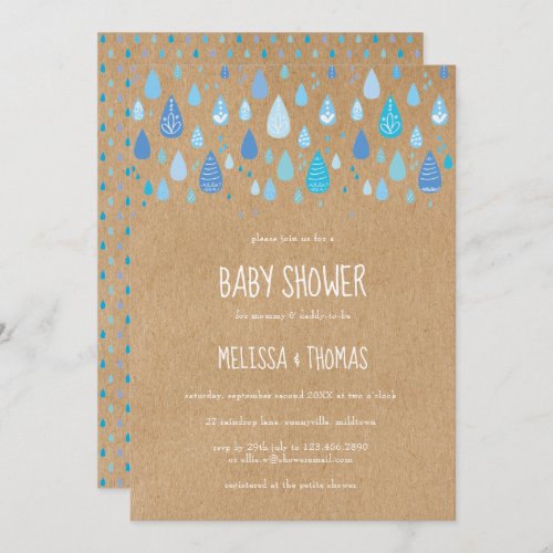 Cute Blue Raindrops Couples Baby Shower  Sprinkle Invitation