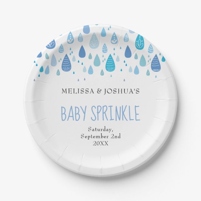 Cute Blue Raindrops Couples Baby Shower / Sprinkle Paper Plates (Front)