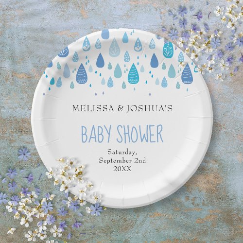 Cute Blue Raindrops Couples Baby Shower Sprinkle Paper Plates