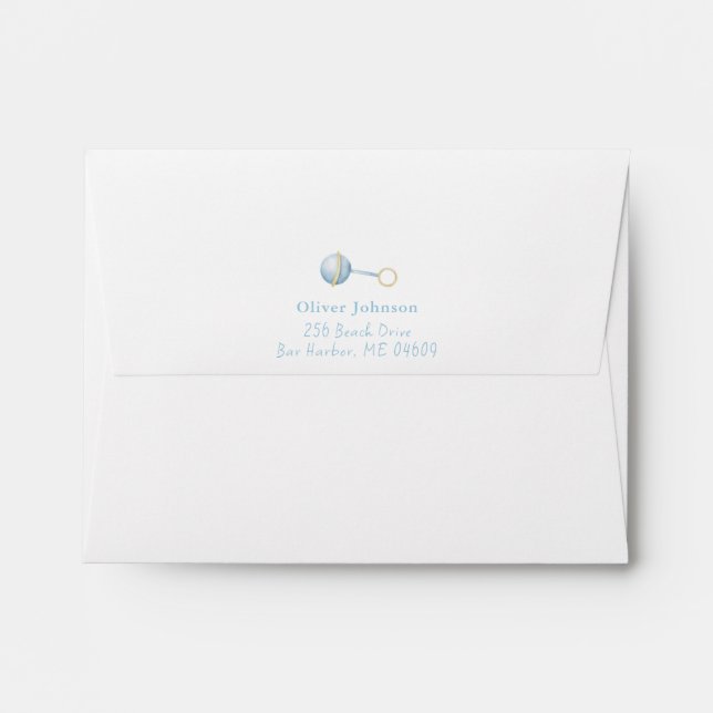 Cute blue Rattle baby boy Return Address  Envelope (Back (Top Flap))