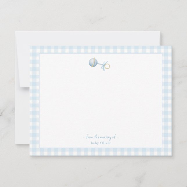 Cute Blue rattle with Gingham Border Baby boy  Thank You Card (Front)