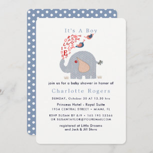 Cute Blue Red Alphabet Elephant Baby Boy Shower Invitation