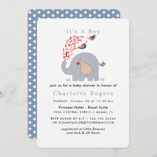 Cute Blue Red Alphabet Elephant Baby Boy Shower Invitation