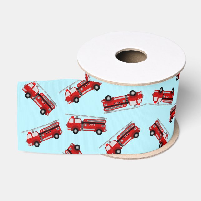 Cute Blue Red Fire truck Kids Birthday Grosgrain Ribbon (Spool)