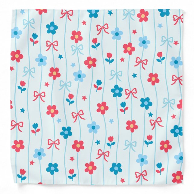 Cute Blue Red Floral and Bow Bow Pattern Patriotic Bandana (Front)