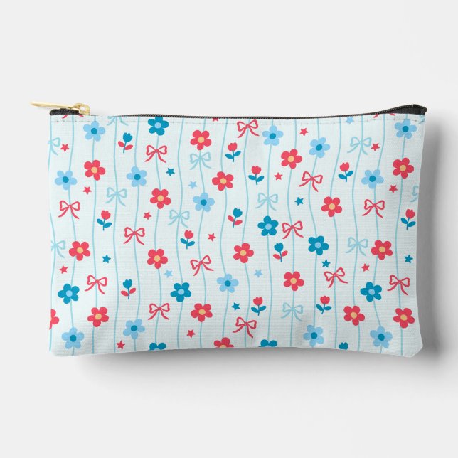 Cute Blue & Red Floral Bow Pattern Patriotic Accessory Pouch (Front)