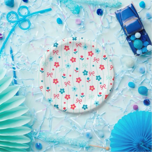 Cute Blue & Red Floral Bow Pattern Patriotic  Paper Plates