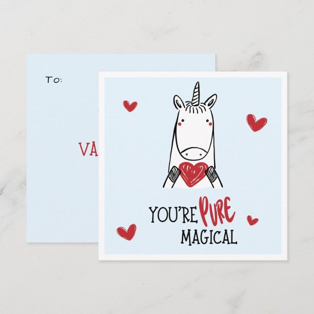 Cute Blue Red Hearts Unicorn Kids Valentine's Day Note Card (Front/Back)
