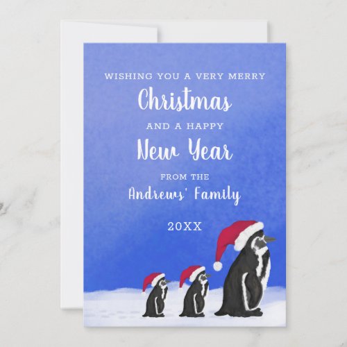 Cute Blue Red Penguin Santa Family Snowy Christmas Holiday Card