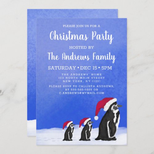 Cute Blue Red Penguin Santa Family Snowy Christmas Invitation