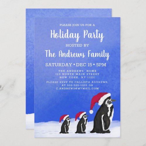 Cute Blue Red Penguin Santa Family Snowy Holiday Invitation