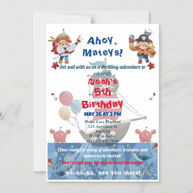 Cute blue & red pirate theme  magnetic invitation (Front)
