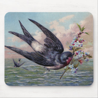 Cute Blue Red Swallow Bird And Pretty Flowers Mouse Pad