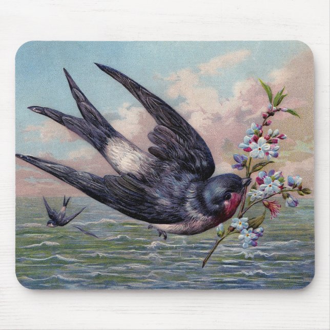 Cute Blue Red Swallow Bird And Pretty Flowers Mouse Pad (Front)